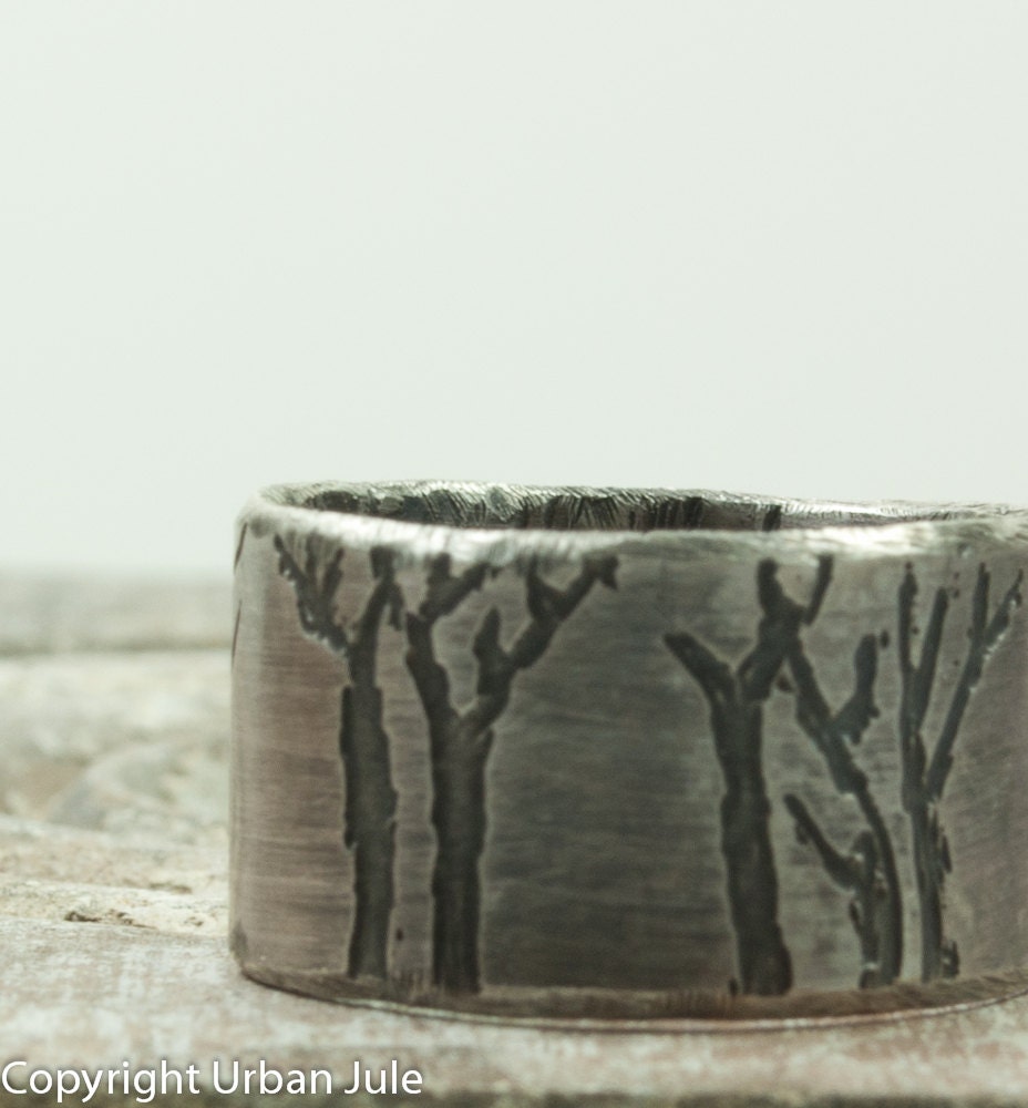 Tree Ring Sterling Silver Ring Etched Trees Unisex Rustic Tree Ring Promise Ring for HIm