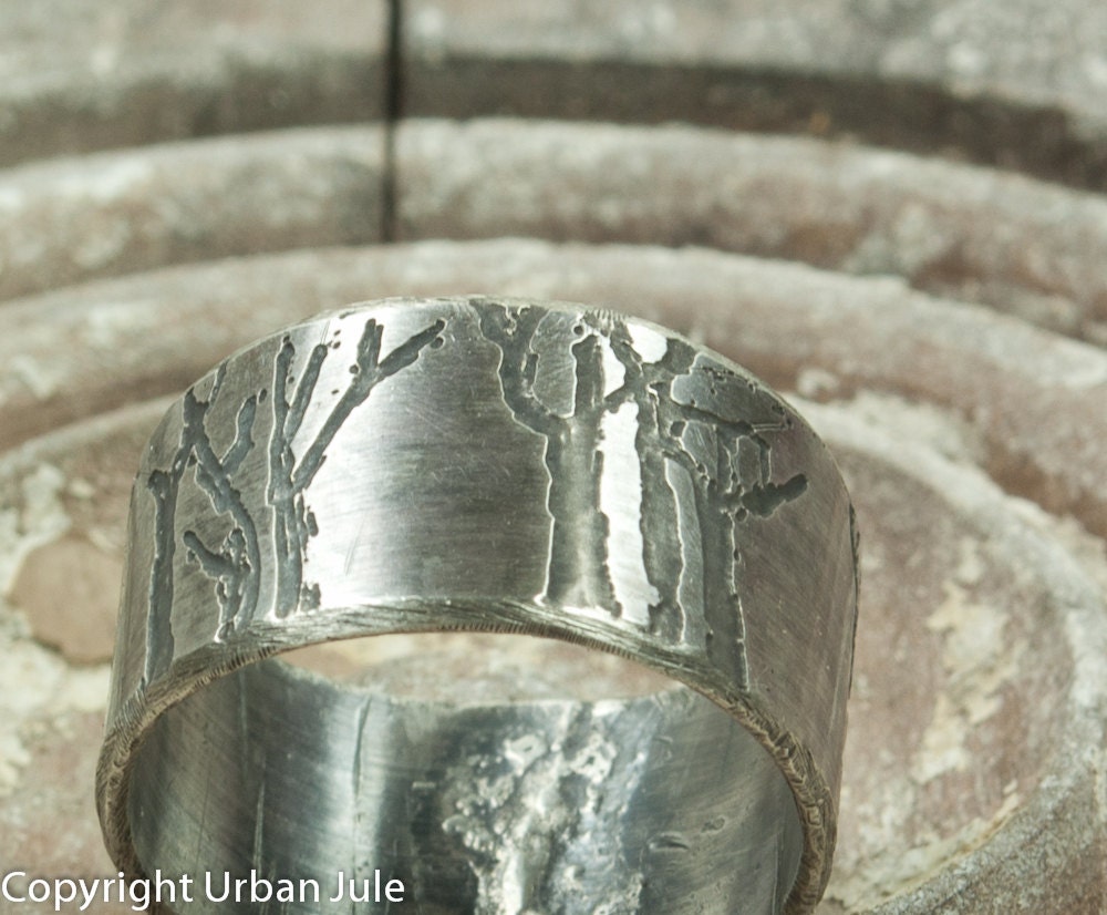 Tree Ring Sterling Silver Ring Etched Trees Unisex Rustic Tree Ring Promise Ring for HIm
