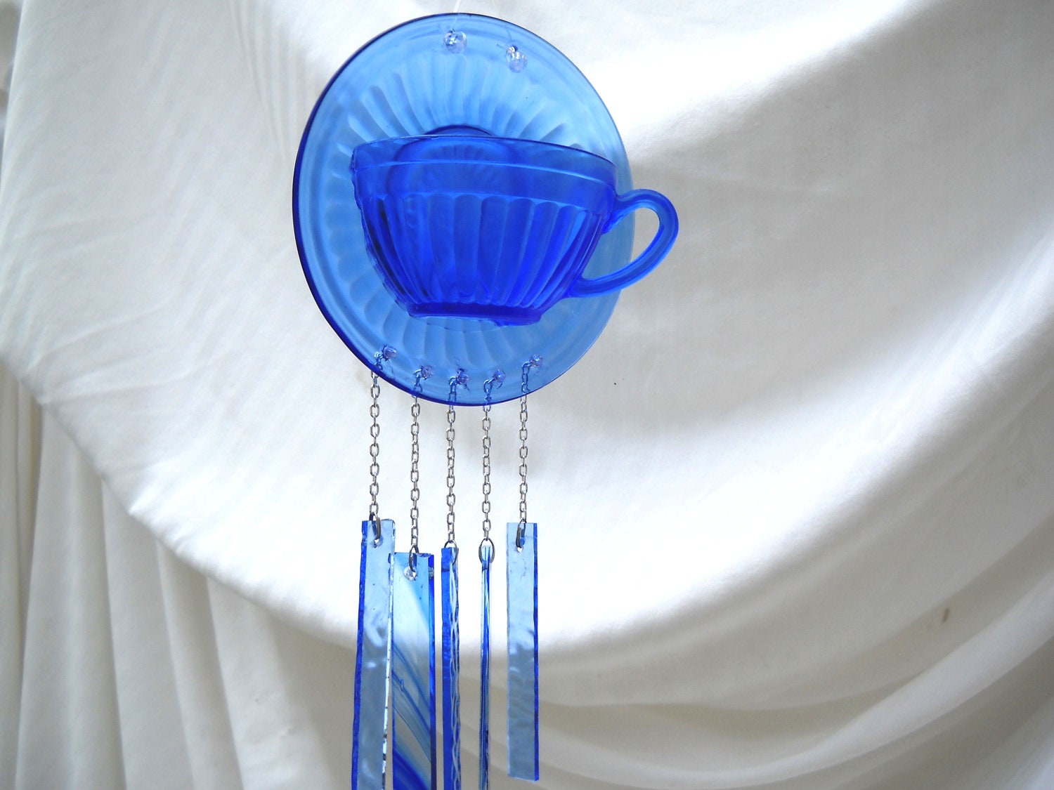 Depression Glass Wind chime upcycled Hazel Atlas Aurora  Vintage Tea Cup and Saucer