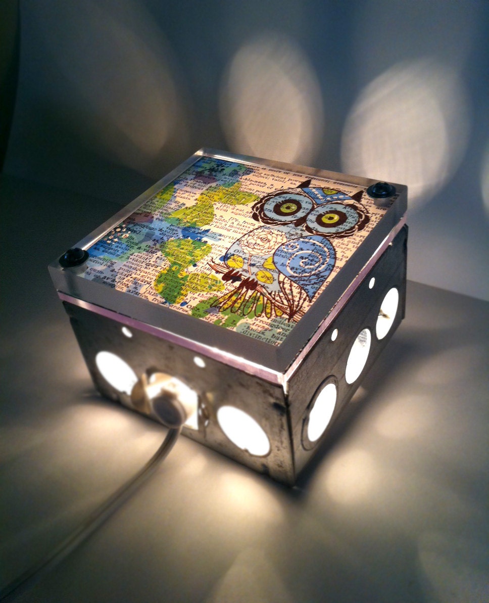 Precious Blue Floral Baby Owl - Repurposed Vintage Dictionary Print Design Night Light