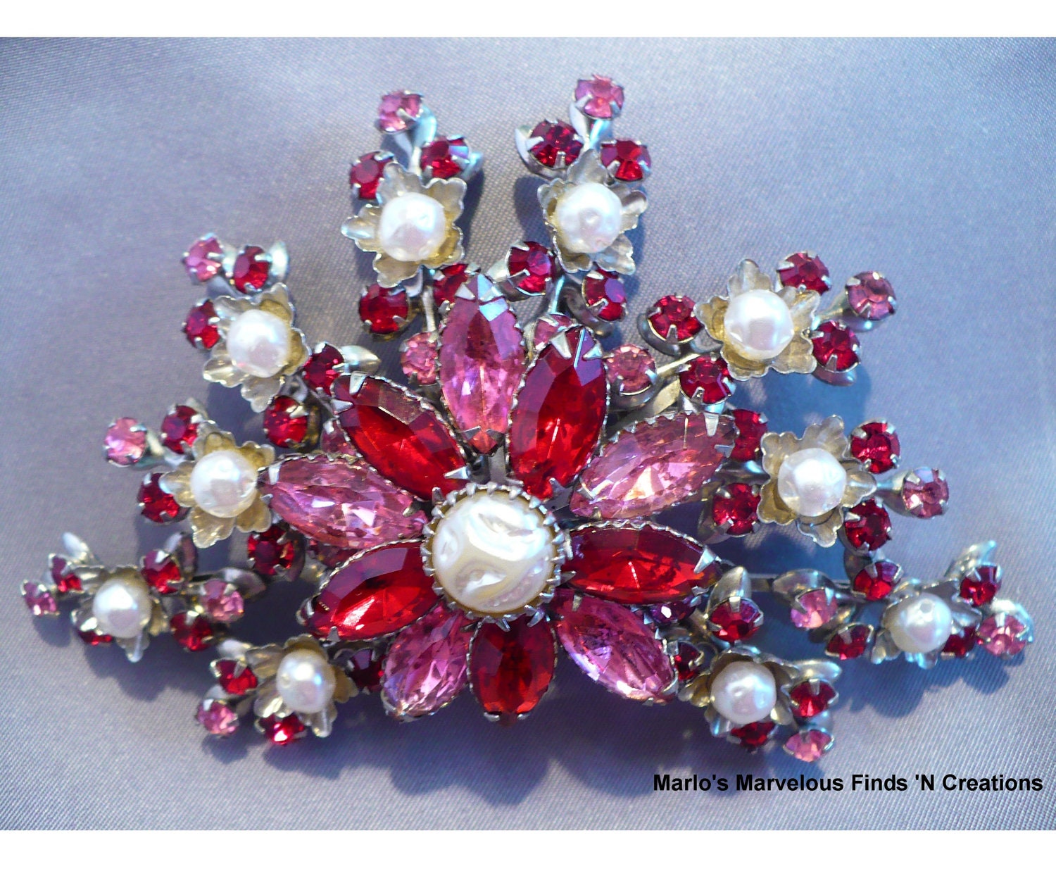 Designer Judy Lee Pink Rhinestone, Pearl Brooch/Pin - Book Piece
