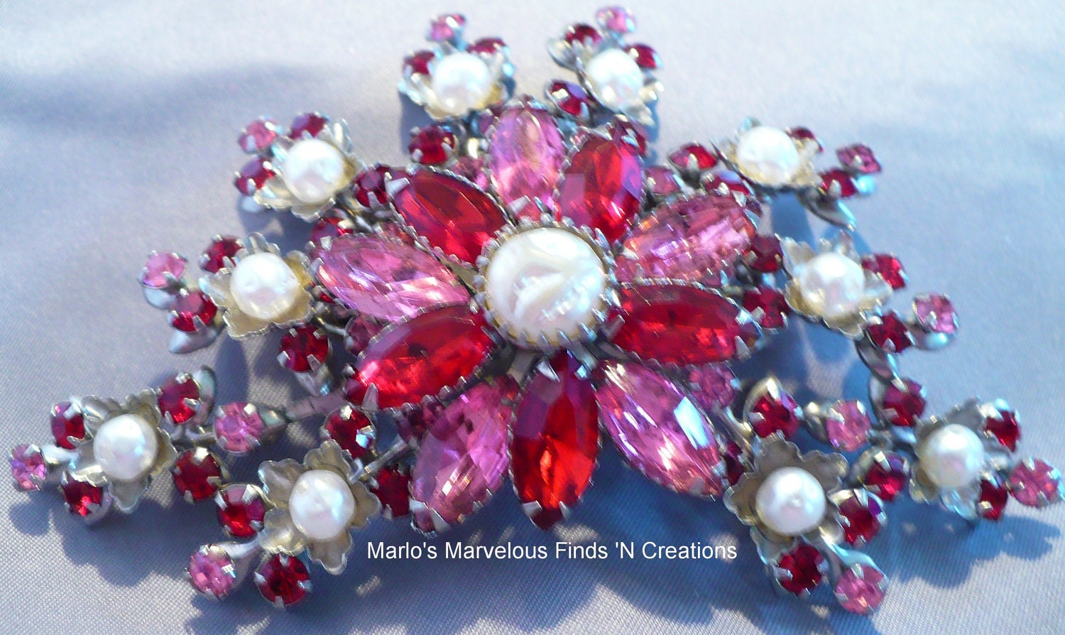 Designer Judy Lee Pink Rhinestone, Pearl Brooch/Pin - Book Piece