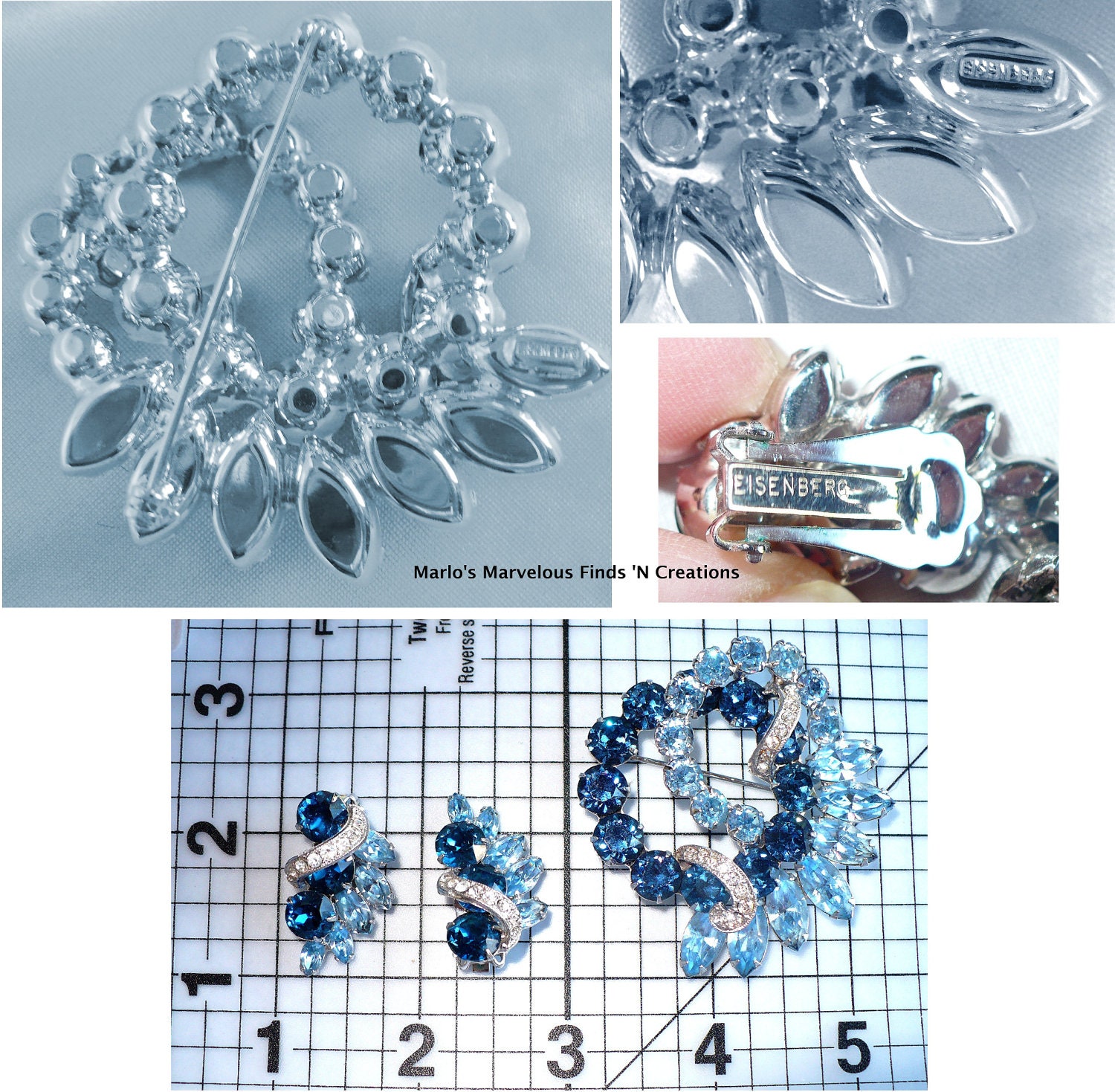 Vintage Eisenberg Rhinestone Brooch/Pin Earrings-Royal Blue