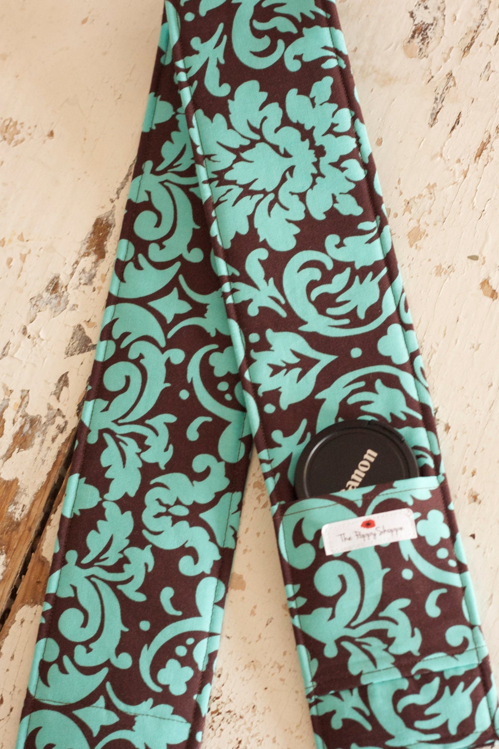 DSLR Camera Strap Cover- lens cap pocket and padding included- Turquoise and Brown Damask