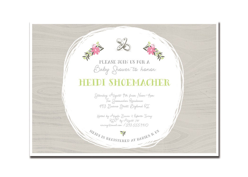 Modern Baby Shower Invitation Floral Blooms Bridal Wedding Invitation Modern Pink Floral Sprigs Printable Digital or Printed - Heidi Style