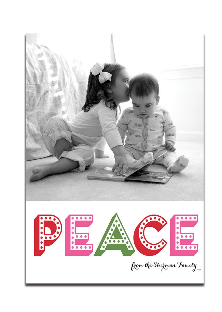 Photo Holiday Card Modern Pink & Green Christmas Card Colorful Peace Greeting Card DIY Digital or Printed - Sherman style