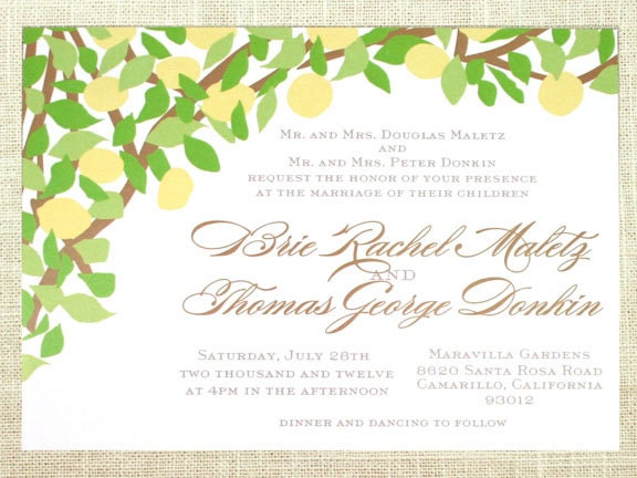 Lemon Tree Yellow and Green Wedding Invitation, modern and rustic, customizable