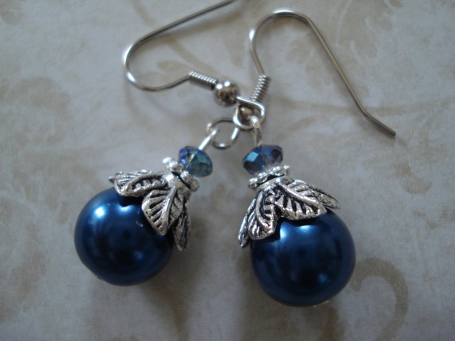Navy  Blue  Glass Pearl Bead Earrings