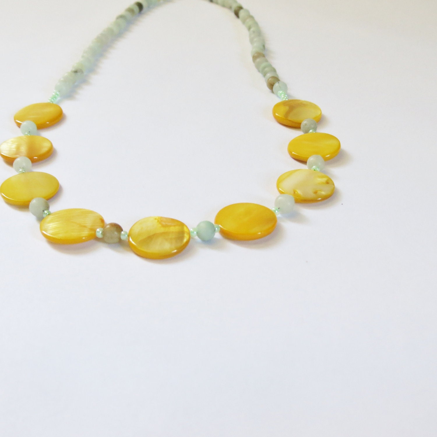 Bright Yellow Mother of Pearl and Mint Green Beaded Necklace, Beaded Jewelry