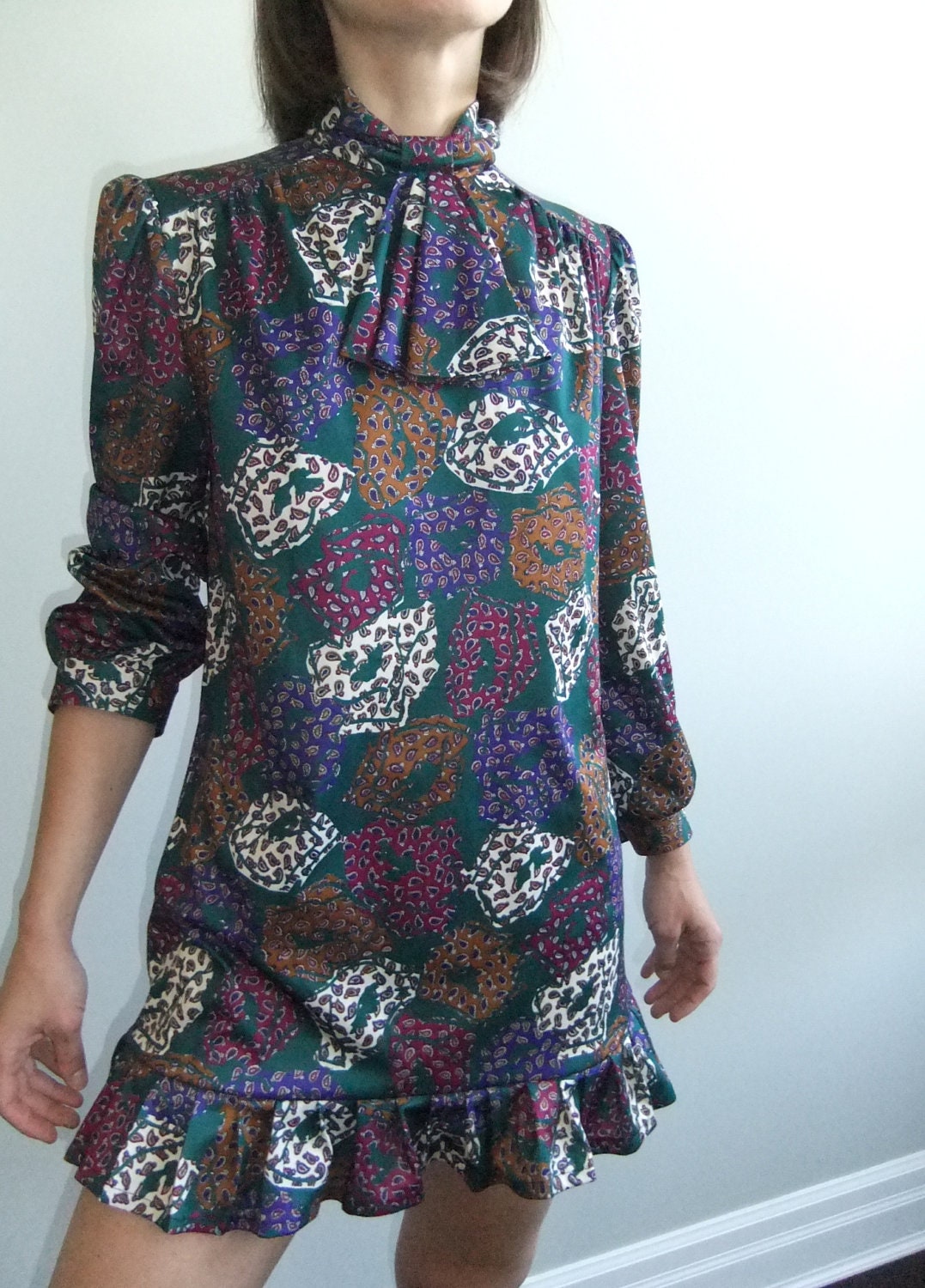 80s ascot shirt dress, ruffle hem, secretary dress