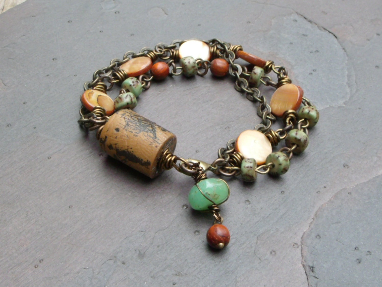 Rustic Sunflowers - Three Strand Wire Linked Bracelet - OOAK