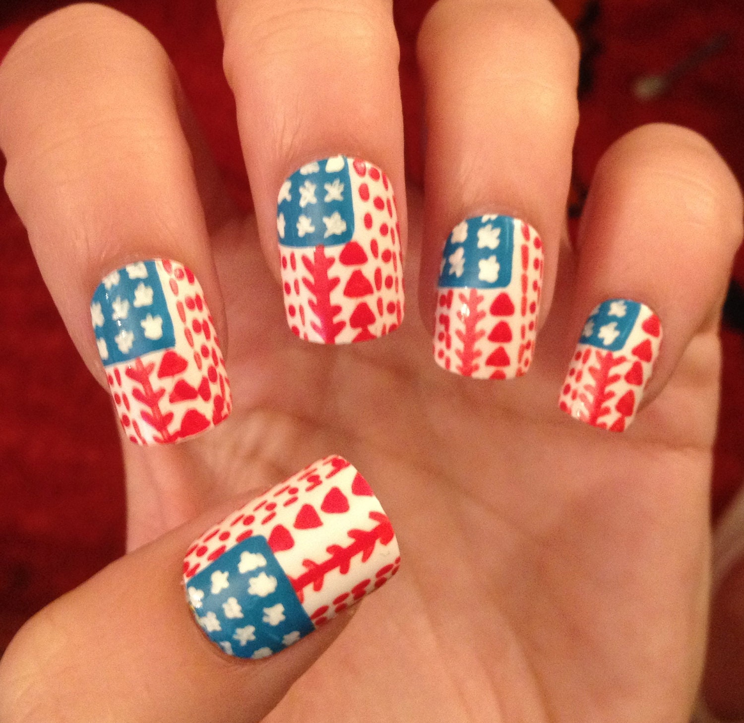 Tribal/Aztec American Flag Fake Nails Nail Art