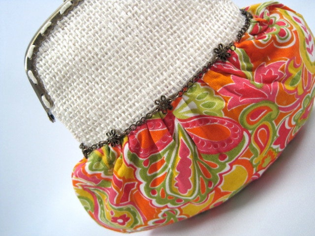 Framed Clutch Purse, Pouch, Cream, Orange, Yellow, Green, Floral