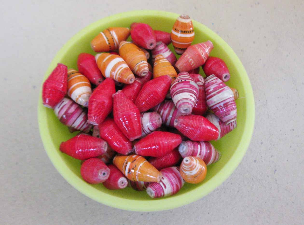Round Recycled Paper Beads, Red, Orange, Pink Bead Mix