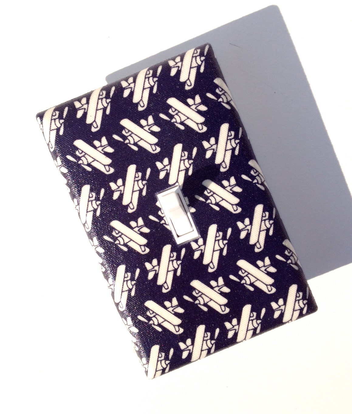 Airplane Light Switch Plate Cover / Baby Boy Nursery / Kids Room / Navy Blue and White Japanese Fabric / Kokka