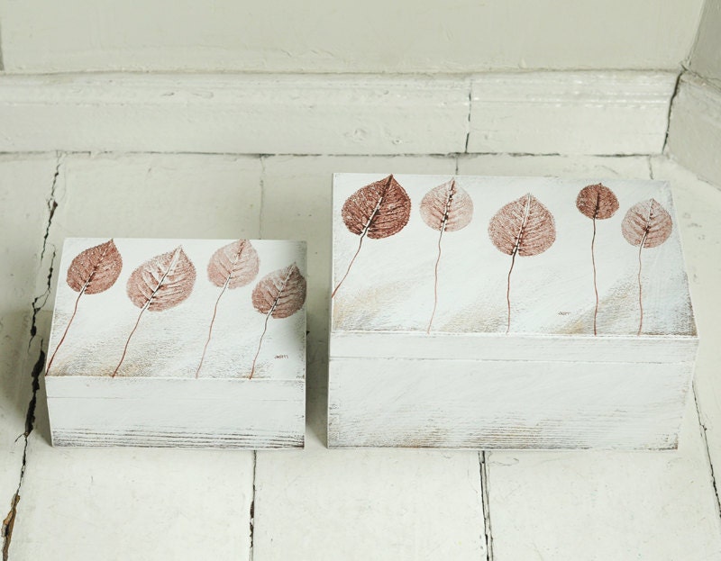 SET of 2 - hand painted boxes - autumn leaves - keepsake box, wooden box, wooden case, painted wood, painted box, painted wooden box