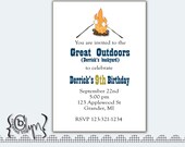 Camping in the great outdoors printable birthday invitation with fire and smores
