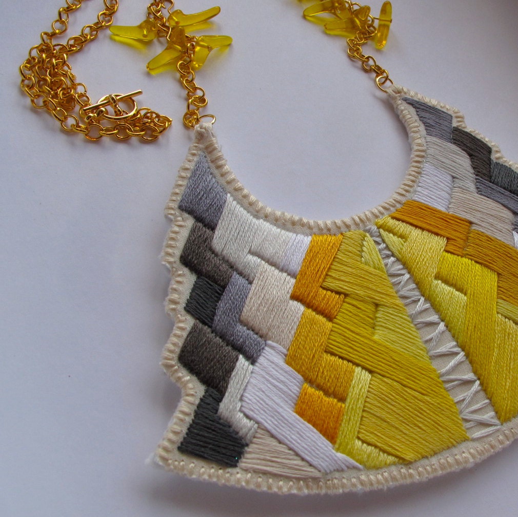 Statement bib necklace art deco geometric tribal handmade embroidered in beautiful yellow and grays modern jewelry