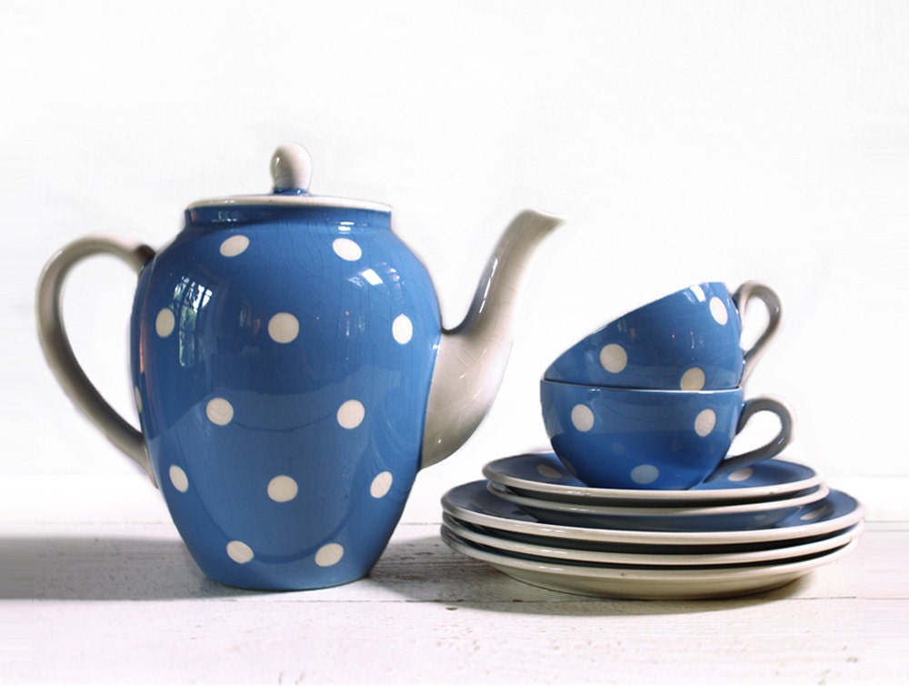LOVELY vintage Blue Coffee SET  with  white DOTS - RueDesLouves