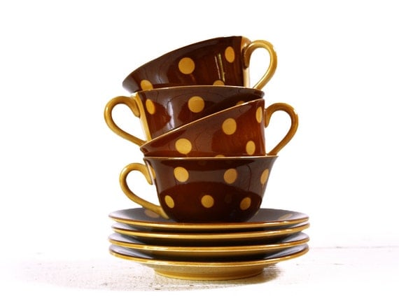2 Lovely FRENCH brown coffee cups with yellow DOTS Sarreguemines - Mid CENTURY