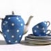 LOVELY vintage Blue Coffee SET  with  white DOTS