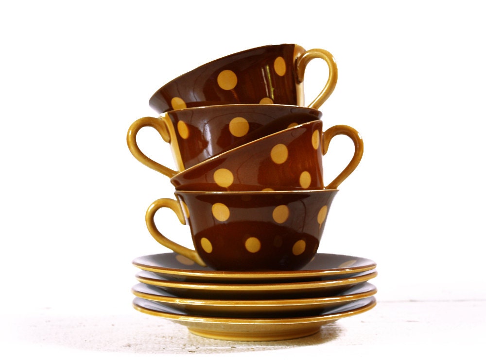 2 Lovely FRENCH brown coffee cups with yellow DOTS Sarreguemines - Mid CENTURY