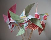 6 Large Spinning Pinwheels- Birthday, Banner, Flower in Orange, Green, and Pink