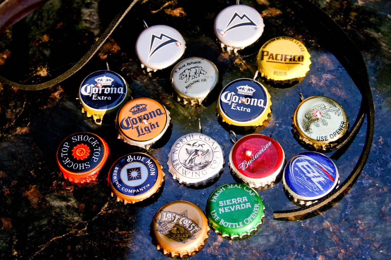 Upcycled Beer Necklace  Beer Caps Coors Light Budwieser Lost Coast Shocktop Redtail Ale Swarovski Crystal Aurora Borealis
