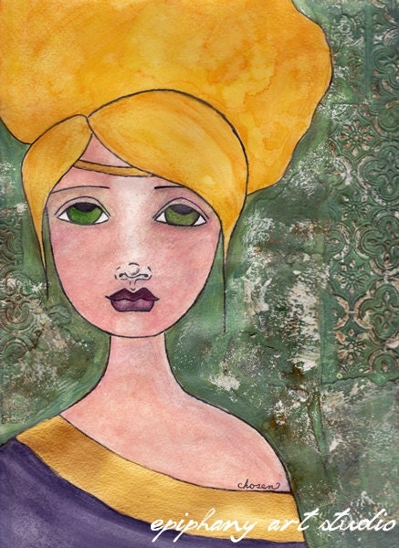 Whimsical Fine Art Print, Green Purple & Gold Mixed Media Wall Art, Positive Inspirational Feminist Decor -- "Chosen"