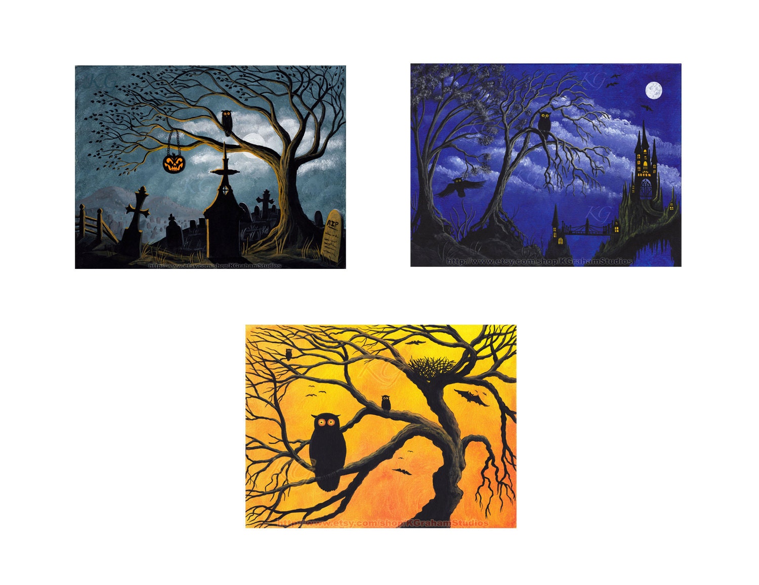 3 Halloween Prints Owls & Bats - Graveyard Owl - Gothic Castle Owls - 8x10 Photographic Prints of Original Paintings by K Graham