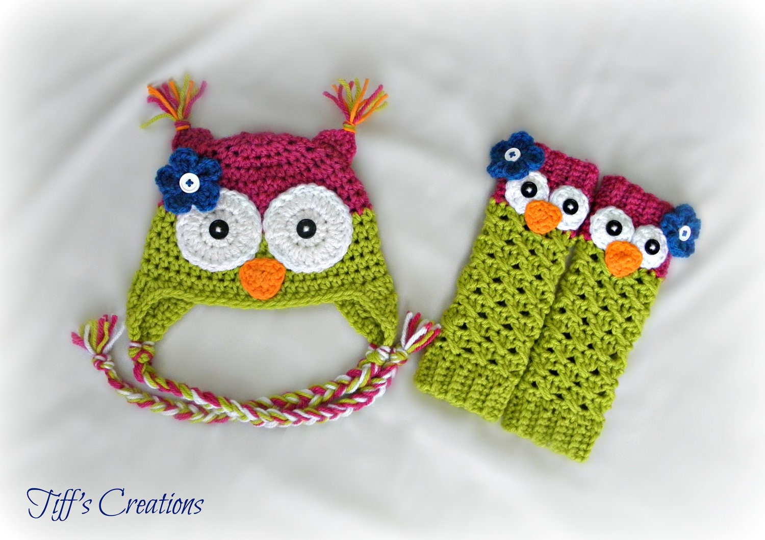 Unique baby gift set - baby girl owl hat and leg warmers - hot pink and green - any baby size so adorable