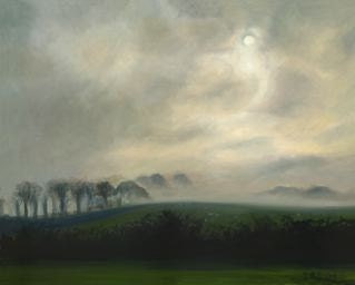 Mist on the Meadow--24x30" original oil painting-elegant pastoral landscape art, morning fog, gray sky, silver clouds, white sun, field