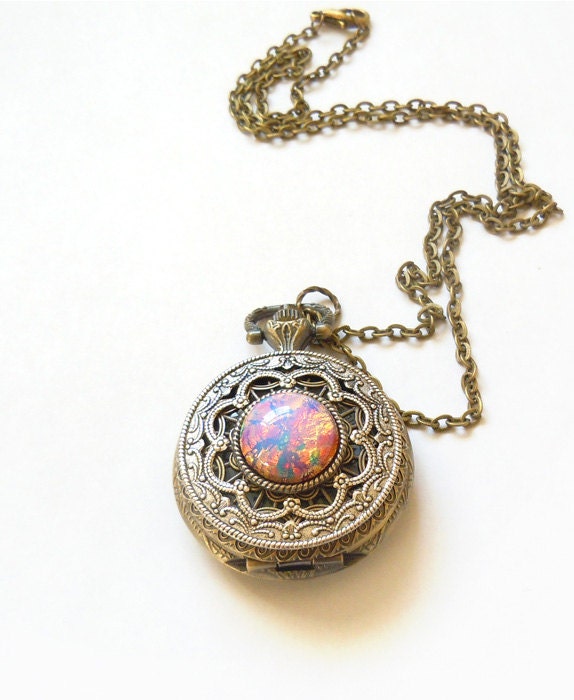 Pink  Fire Opal Pocket watch Locket style Necklace--Mother's Day Gift