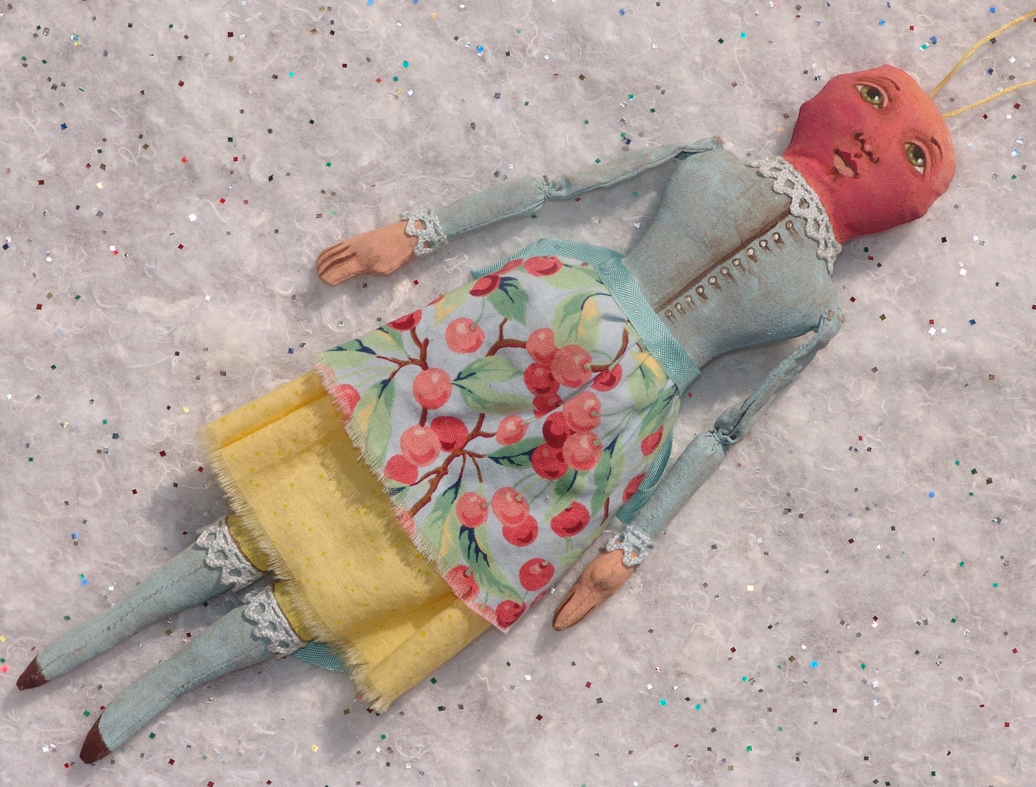 OOAK Folk Art Cherry Doll Hand Made & Painted Fabric Ornament Fruit Anthropomorphic