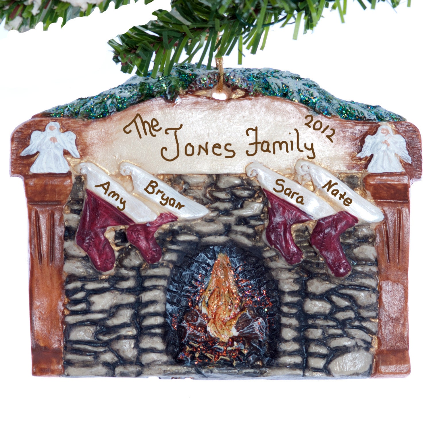 Personalized Christmas ornament fireplace with stockings - family name - personalized stockings ornament