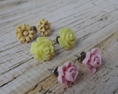 Spring Fling Stud Earrings Set - Three Pairs Lime Green Rose, Tan Mini Flower and Pink Six Petal Flowers on Nickel Free Titanium Posts