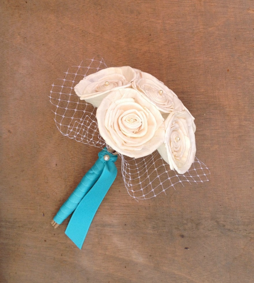 Timeless Collection - Mini Handmade Wedding Bouquet - Cream, Ivory, Turquoise, Natural, Sola Wood, Flower, Alternative Bridal Bouquet