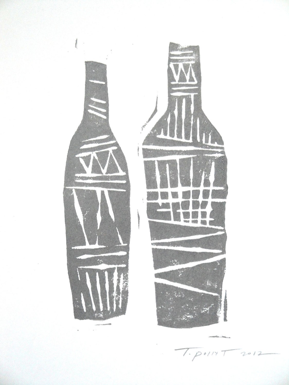 SALE Tribal Wine Bottles Kitchen Art Block Print 4 x 6 Home Decor / Pewter or Gold / Hand Pulled Linocut