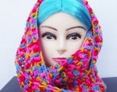 Bohemian Crochet Infinity Scarf In Pink Rainbow  ' In Stock / Ready To Ship '