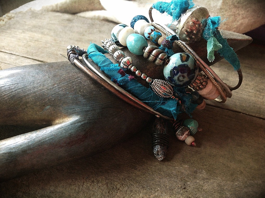 Bohemian bangle stack in teal, copper and silver with shabby silk  turquoise and kyanite charms