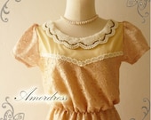 SALE Lace Dress Amor Vintage Inspired Duchess Golden Brown Vintage Floral with Bib Pearl Collar Gorgeous Dolly Lace Dress -Size M-