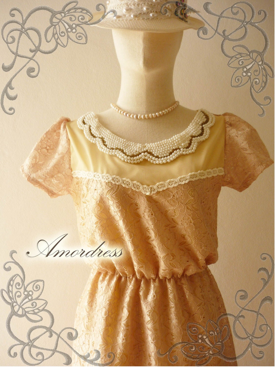 SALE Lace Dress Amor Vintage Inspired Duchess Golden Brown Vintage Floral with Bib Pearl Collar Gorgeous Dolly Lace Dress -Size M-