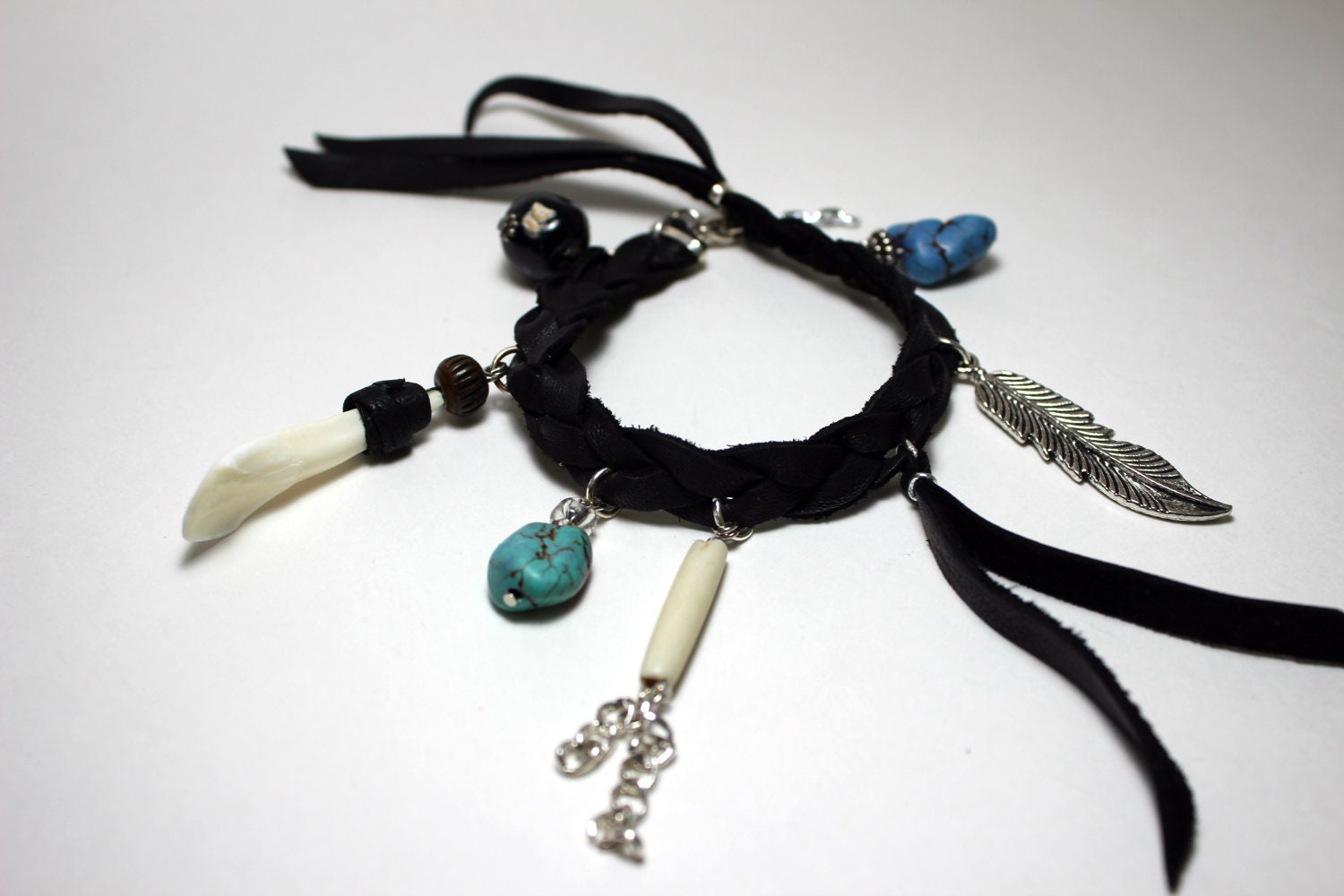 SALE Braided Leather and Silver Feather Charm Bracelet Tribal