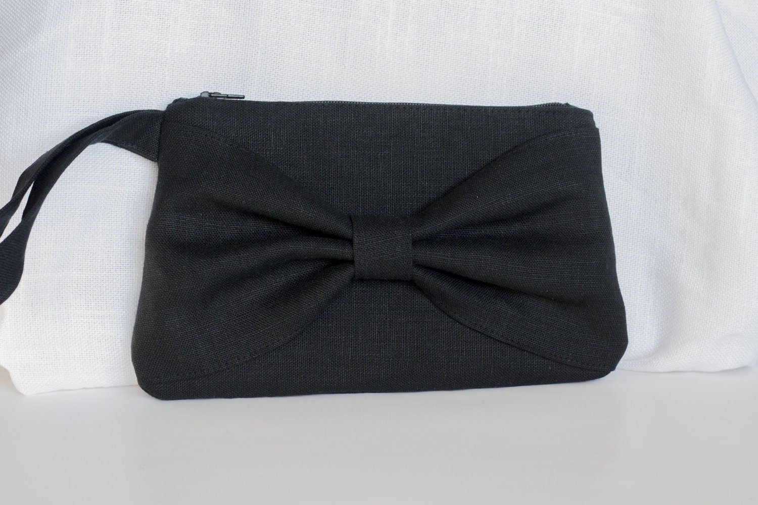 Bow Clutch, Black Linen