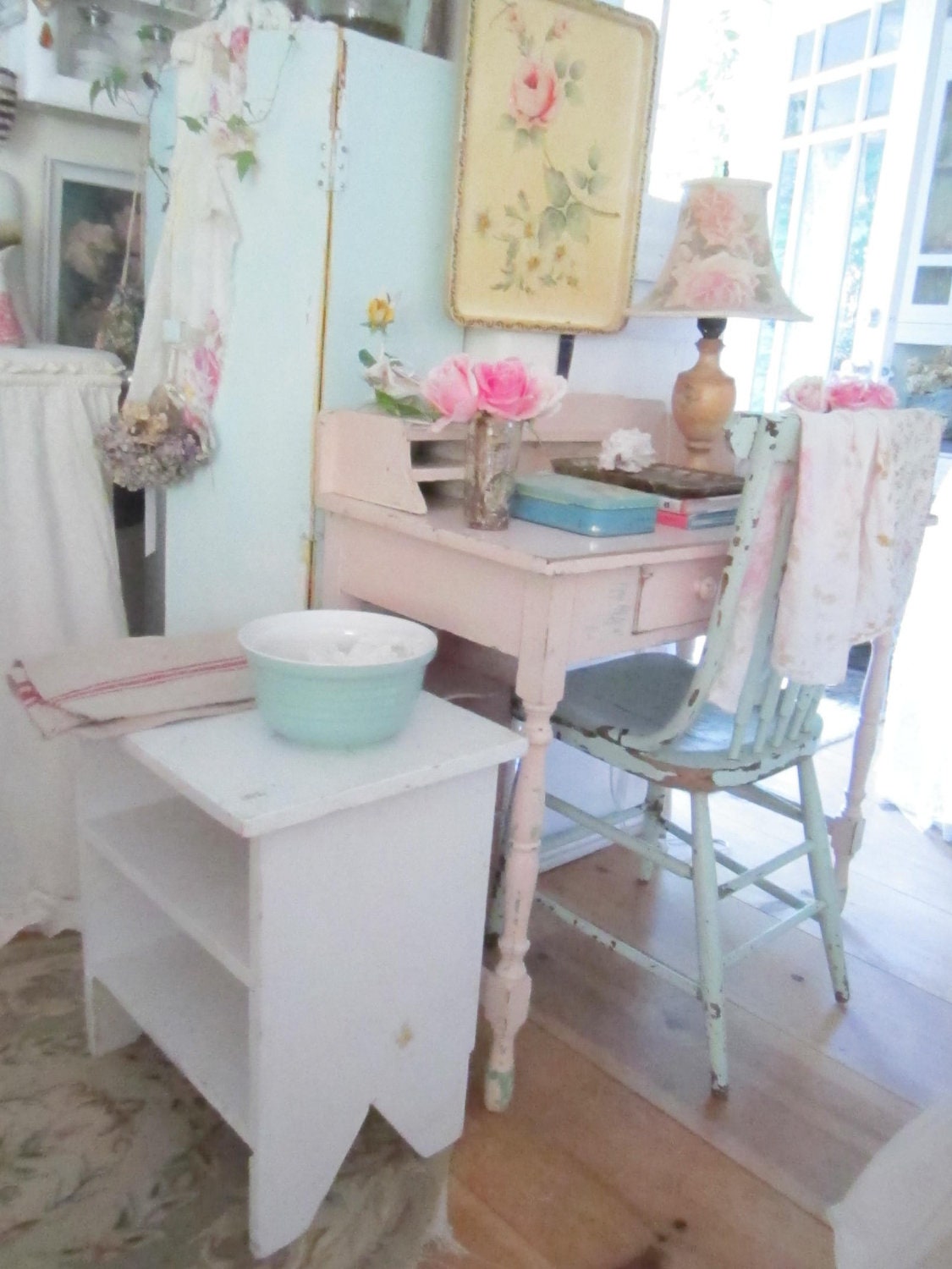 SALE Vintage chippy painted white shabby chic farmhouse stool