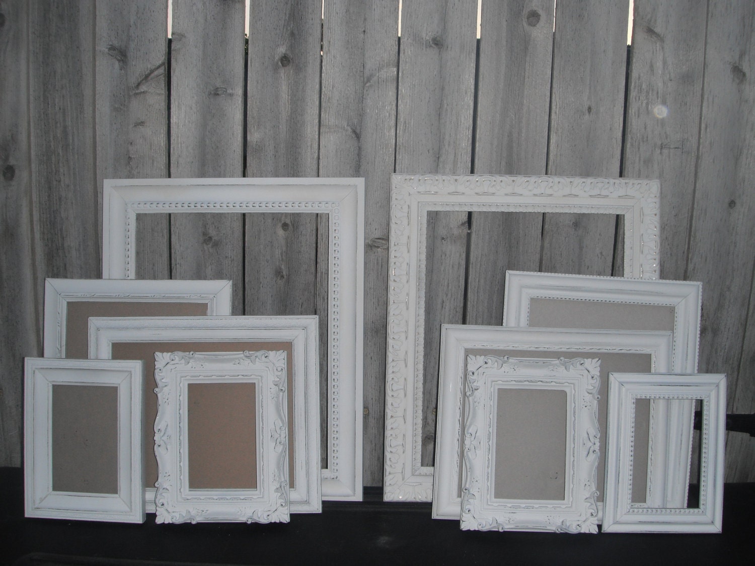 Reserved -Distressed Vintage PICTURE FRAMES - Ornate - Set of Five - Heirloom White - Shabby Chic Wedding - w/ Glass N Backing
