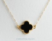 Small Quatrefoil Necklace. Simple Black Clover with Gold Colored Trim. 14K GF Chain. Simple Everyday Jewelry by Smallbluethings