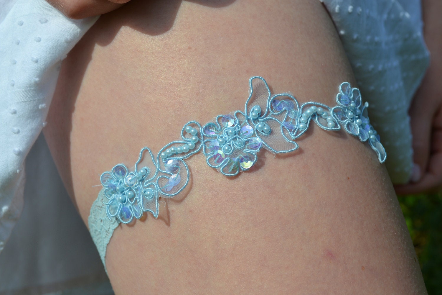 Pale blue embellished floral garter