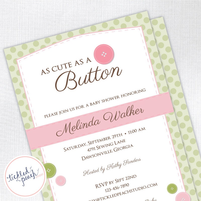 Cute As A Button Baby Shower Invitation - Baby Girl - Pink and Green - Custom Baby Shower Invite Il_170x135