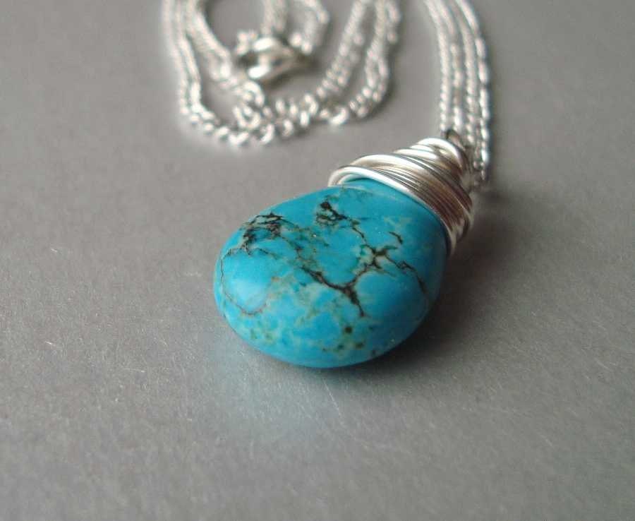 Turquoise Howlite Briolette Necklace - Wire Wrapped Teardrop Gemstone Pendant - Aqua and Silver Jewelry - Minimalist